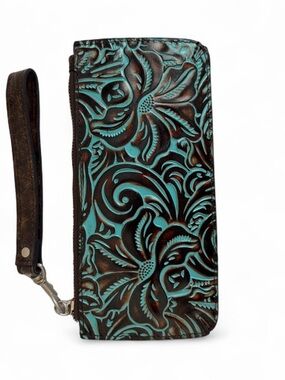 Patricia Nash Turquoise & Brown Tooled Leather Wristlet Wallet